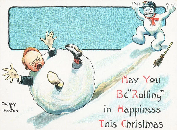 Snowman pushing boy inside a snowball down a hill, Christmas Card (chromolitho)