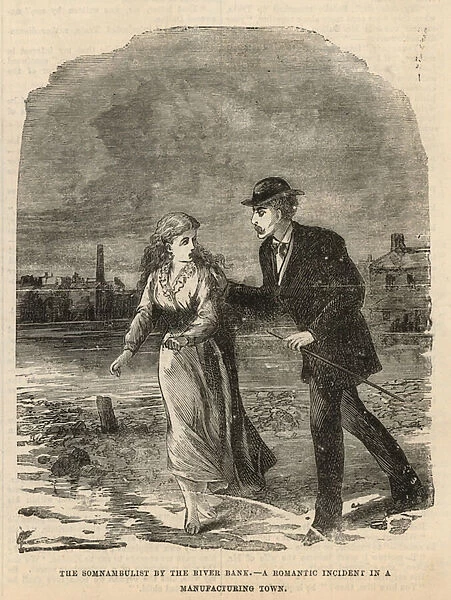 The somnambulist by the river bank (engraving)