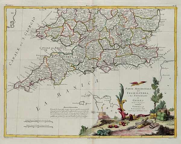 The southern part of England and of the Principate of Wales, engraving by G. Zuliani taken from Tome I of the 'Newest Atlas'published in Venice in 1778 by Antonio Zatta, Private Collection