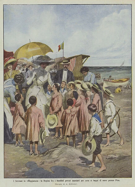 The Sovereigns on holiday, the Queen among the poor children sent for treatment to the sea baths in Pisa (colour litho)