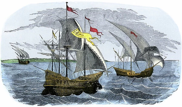 Spanish boat from Hernan Cortes or Hernando Cortez (1485-1547) sailing to Mexico, 1519. Colourful engraving of the 19th century