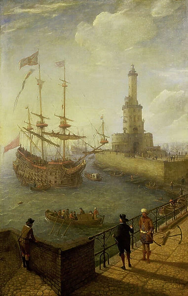 A Spanish three-masted ship anchored off the coast of Naples (Italy), seen from a paved pier in the city, towards the lighthouse and the buildings of the Mediterranean port