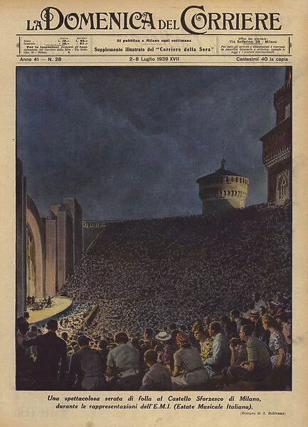 A spectacular evening of crowds at the Sforza Castle in Milan, during the performances... (colour litho)