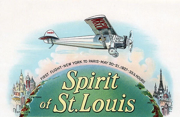 Spirit of St. Louis Flying New York to Paris, 1930 (chromolithograph)