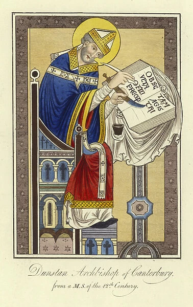 St Dunstan, Archbishop of Canterbury (coloured engraving)