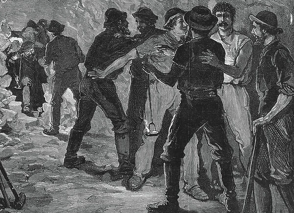 St Gothard Tunnel linking Italy and Switzerland by rail. Workmen from the two ends of the tunnel breaking through last piece of rock and meeting, 29 February 1880. Wood engraving March 1880