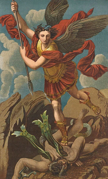 St Michael vanquishing Satan (colour litho)