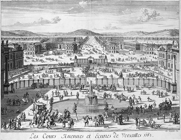 The stables and gates of Versailles seen from the Palace, 1683 (engraving)