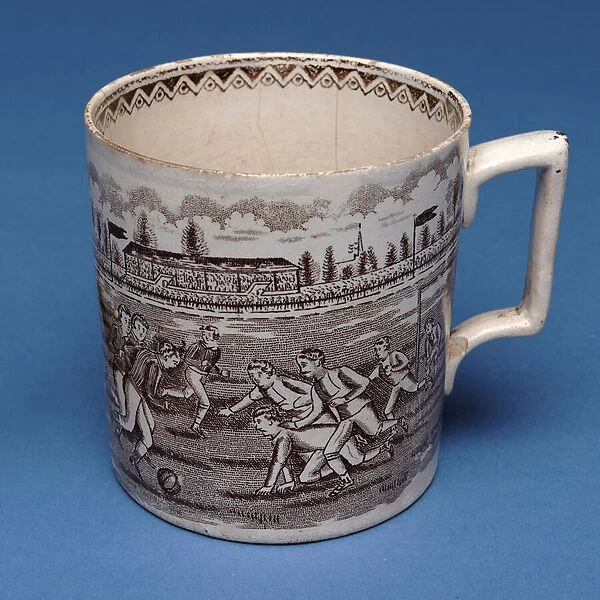 Staffordshire pint mug with sepia transfer of a football match (ceramic)