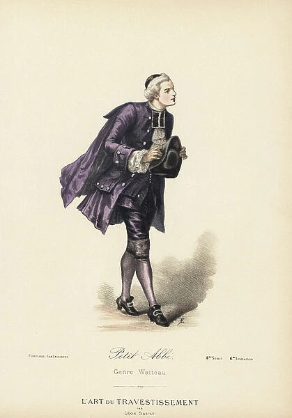 Stage costume in the Watteau style for Le Petite Abbe (a play by Bocage and Liorat with music by Grisart). In silk suit with short cape, shoes with silver buckles, and tricorn