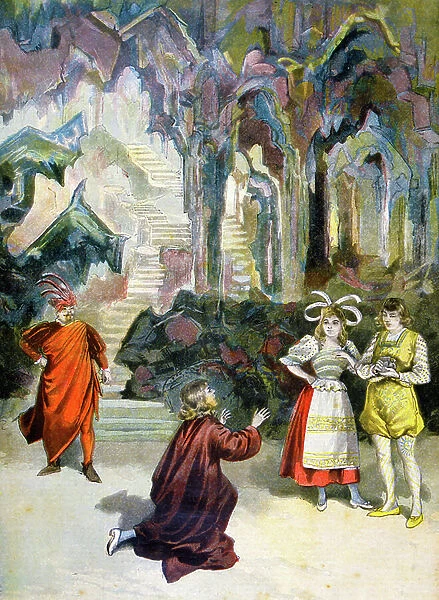 Stage premiere of a variant of the Faust legend 'les sept chateaux du diable' the seven castles of the devil, 1896