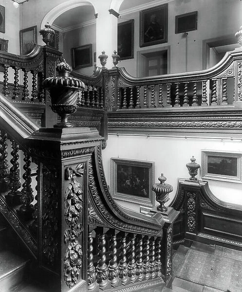 The staircase at Wolseley Hall, Staffordshire, from England's Lost Houses by Giles Worsley (1961-2006) published 2002 (b / w photo)