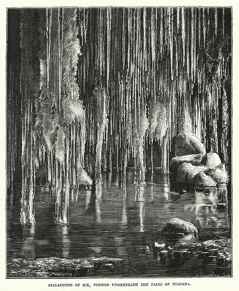 Stalactites of ice, formed underneath the Falls of Niagara (engraving)