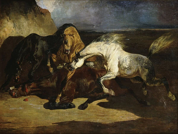 Stallions Fighting in a Stormy Landscape, (oil on canvas)