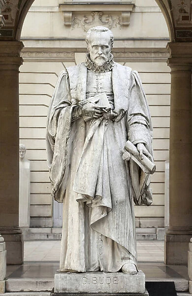 Statue of Guillaume Bude (Budee) (Budaeus) (1467-1540), French humanist, responsible for the royal library of Fontainebleau under the reignation of Francois 1st, instigator of the creation of the College of Royal Readers in 1530