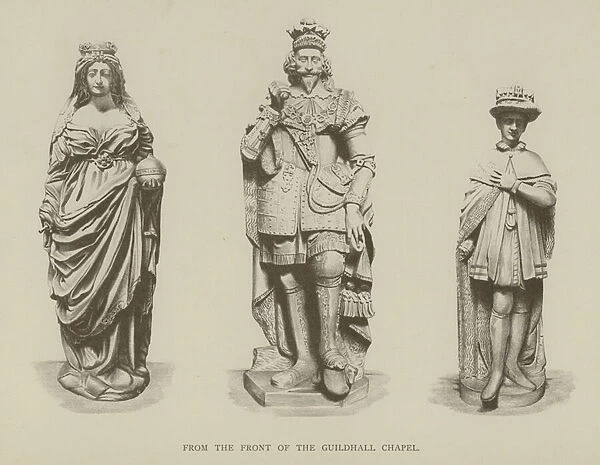 Statues of Queen Elizabeth I, King Charles I and King Edward VI from the front of Guildhall Chapel, City of London (litho)