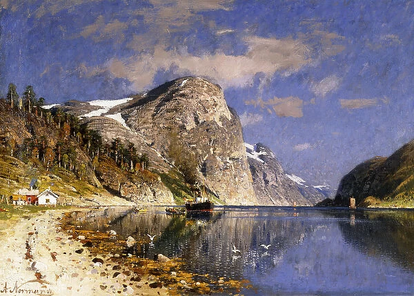 A Steamer in the Sognefjord, (oil on canvas)