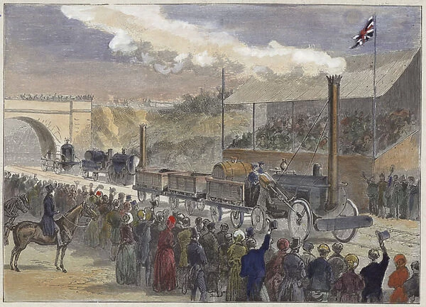 Stephensons Rocket coming in first at the competition of locomotives at Rainhill in 1829 (coloured engraving)