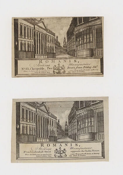 Stocking manufacturers, Romanis, at Cheapside and then at Leadenhall Street, trade card (engraving)