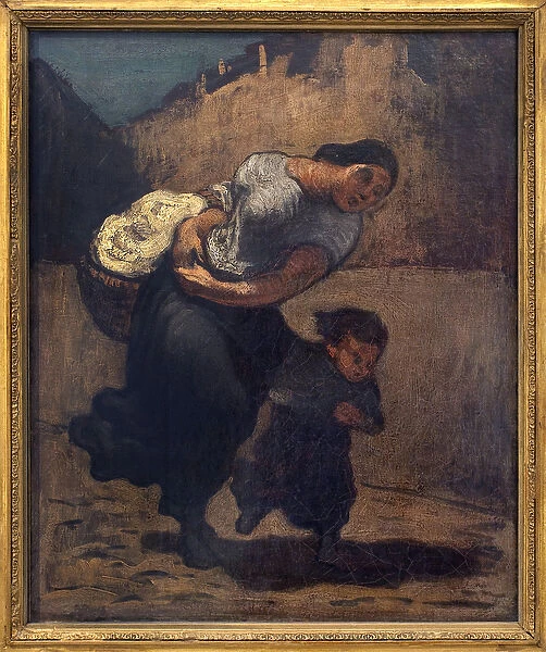 The storm (the lavender). A woman holding a short basket with a child