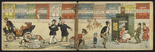 Street scene with a row of closed shops and a closed public toilet (colour litho)