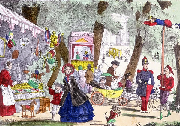 Street scenes on the Champs Elysees, 19th century (colour litho)