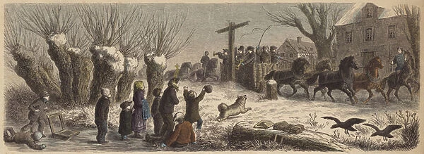 Students travelling by sleigh on a street in central Germany (coloured engraving)