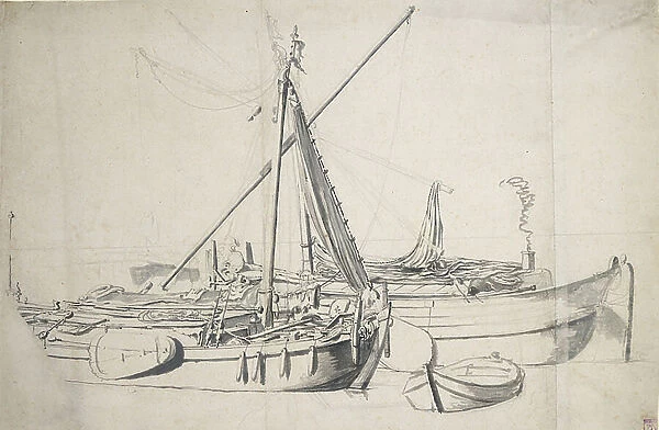 Study of a damlooper and a smalschip lying alongside one another, c.1665 (graphite, grey wash)