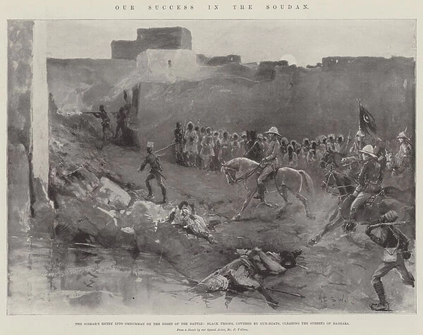 Our Success in the Soudan, the Sirdars Entry into Omdurman on the Night of the Battle, Black Troops, covered by Gun Boats, clearing the Streets of Baggara (litho)