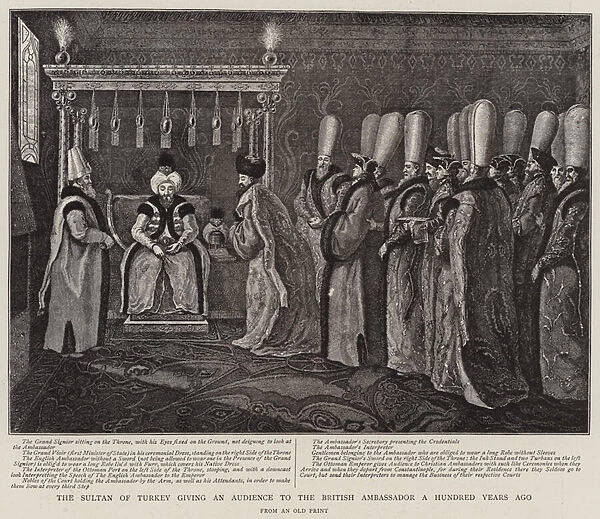 The Sultan of Turkey giving an Audience to the British Ambassador a Hundred Years ago (engraving)