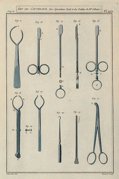 Surgical instruments used by the French surgeon Pierre Jean Georges Cabanis (coloured engraving)