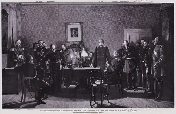Surrender negotiations between French and German commanders at Donchery, France, on the night of 1-2 September 1870 (engraving)