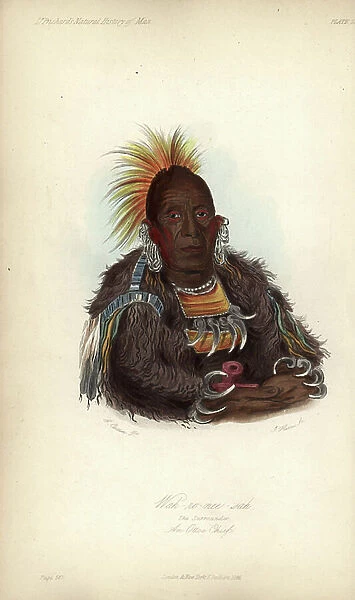 The Surrounder, Wah-no-ne-sah, an Otoe chief. His shirt is the skin of a grizzly bear with the claws on. Lithograph by J. Harris after a painting by George Catlin. Handcoloured lithograph by J