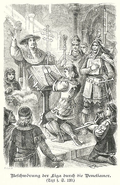 Swearing an oath of loyalty to the League of Venice, 1494 (engraving)