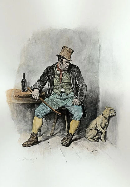 Bill Sykes and his dog, from Charles Dickens: A Gossip about his Life, by Thomas Archer, published c. 1894 (litho) (later colouration)