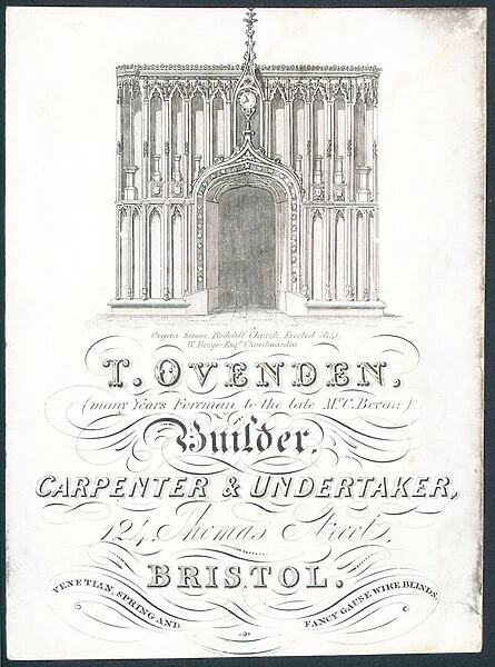 T Ovenden, Builder, Carpenter and Undertaker, trade card (engraving)