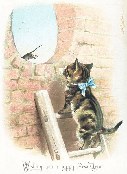 Tabby Cat watching mouse run away, New Year Card (chromolitho)