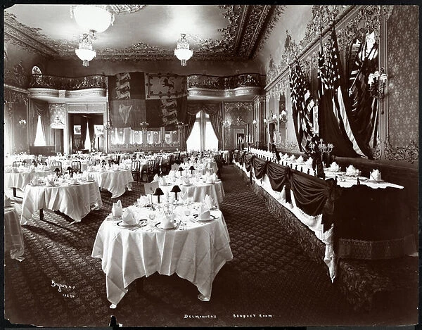 Tables set in the Banquet Room at Hotel Delmonico, 1902 (silver gelatin print)