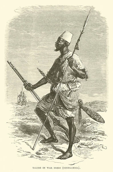 Talibe in war dress, Senegambia (engraving)