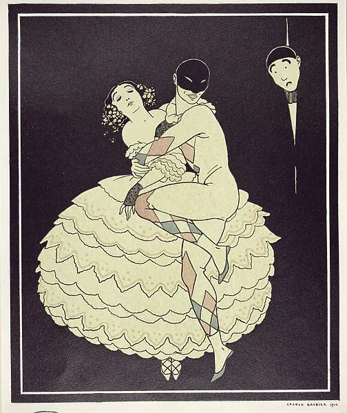 Tamara Karsavina (1885-1978) as Columbine and Vaslav Nijinsky (1890-1950) as Harlequin in Fokines Carnaval in 1910, pub. 1914 (pochoir print)