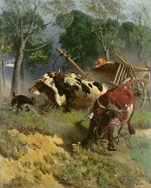 The team of oxen breaks loose (oil on canvas)