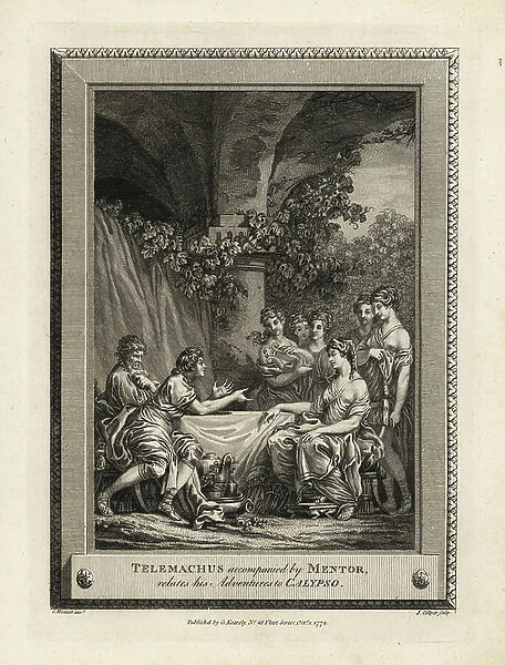 Telemaque, accompanied by Mentor, tells his adventures a Calypso -Telemachus accompanied by Mentor narrates his adventures to Calypso. Copperplate engraving by J. Collyer after an illustration by C