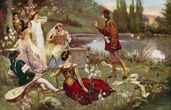 The telling of one of the Decameron stories (colour litho)