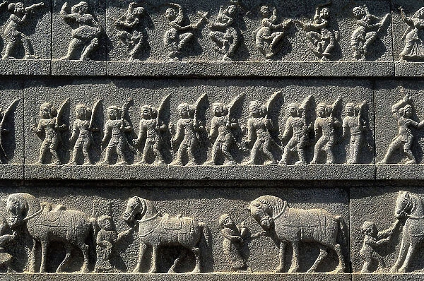 Temple of Hazara Rama, detail of frieze with dancers, horses, elephants and Ramayana scenes, 15th century (stone relief)