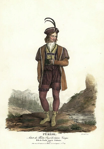 Tenor opera singer Louis Fereol as Charlot in Le Solitaire by Michele Carafa, Theatre Royal de l'Opera Comique, 1822. Handcoloured lithograph by F. Noel after an illustration by Alexandre-Marie Colin from Portraits d'Acteurs et d'Actrices dans