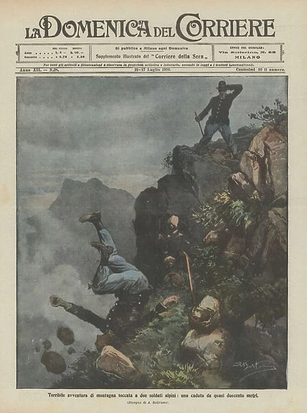 Terrible mountain adventure touched by two Alpine soldiers, a fall from almost two hundred meters (colour litho)