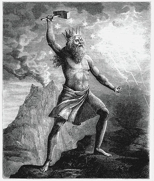 Thor, son of Woden or Odin. God of thunder in the Scandinavian pantheon, shown wielding his hammer, symbolising thunder and lightning, as he reconstructed the globe. Wood engraving, 1874