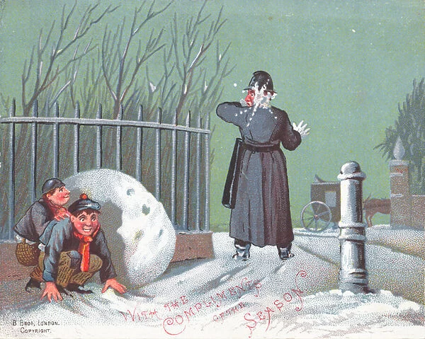 Throwing Snowballs at a Policeman, Christmas Card (chromolitho)