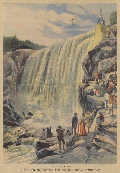 Tightrope walker above the Montmorency Falls, Canada (colour litho)