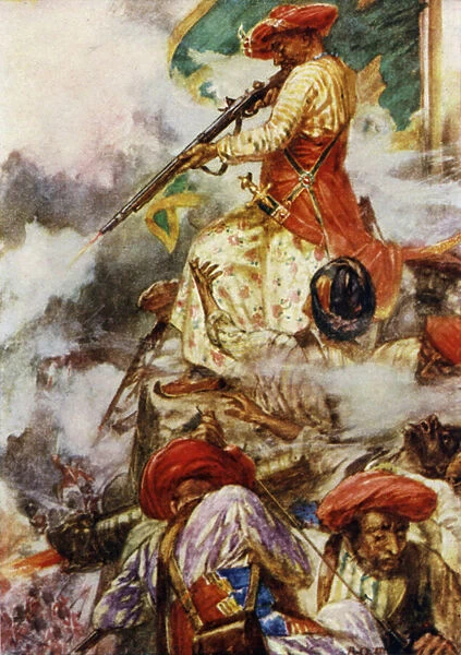 'Tipu himself stood firing coolly at his advancing foes'(colour litho)